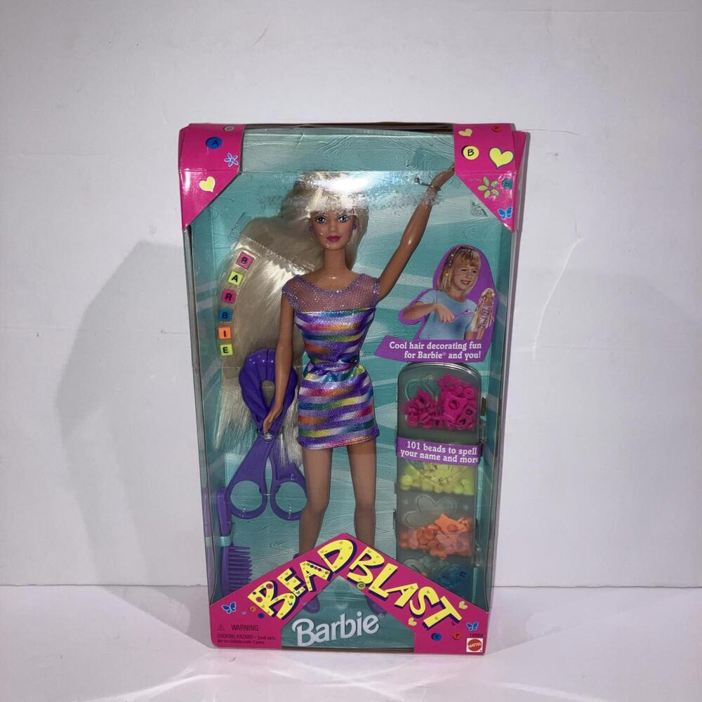 VINTAGE 1997 Bead Blast Barbie Doll Platinum Blonde Purple Beads Galore NEW
